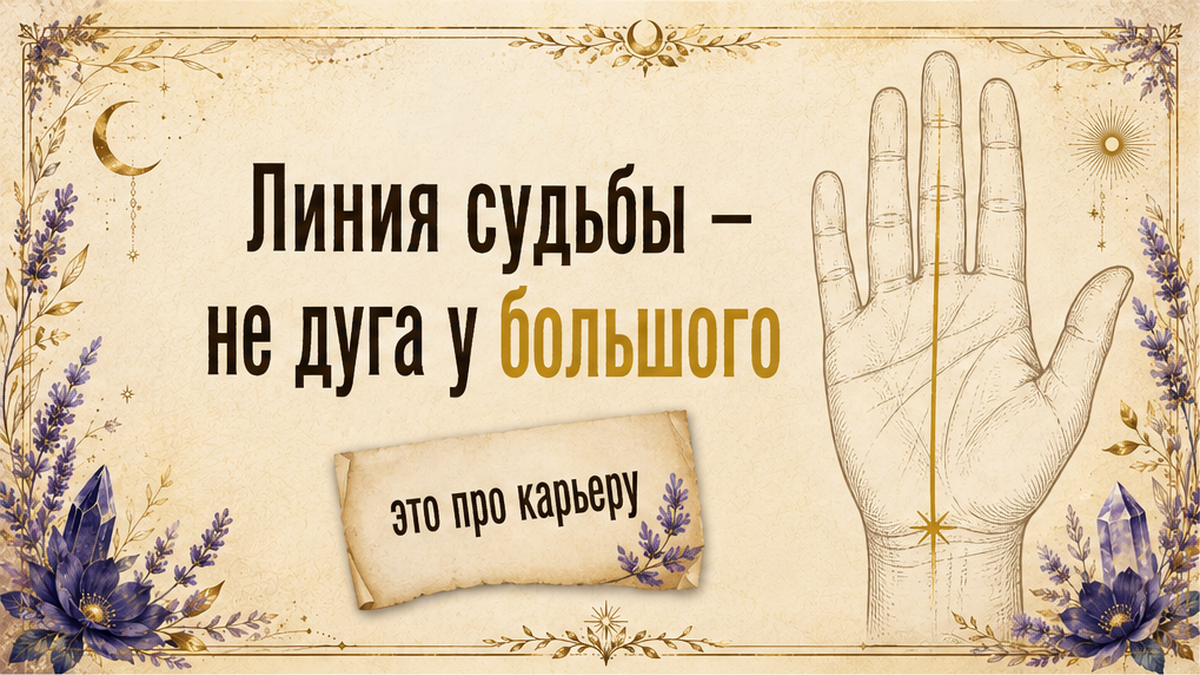 Иллюстрация: линия судьбы на ладони — вертикаль к среднему пальцу, не дуга у большого