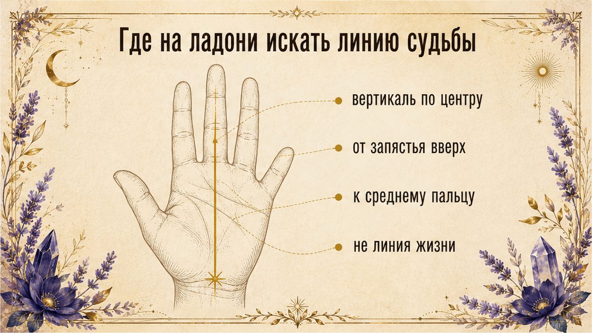 Схема: где на ладони искать линию судьбы — вертикаль по центру к среднему пальцу